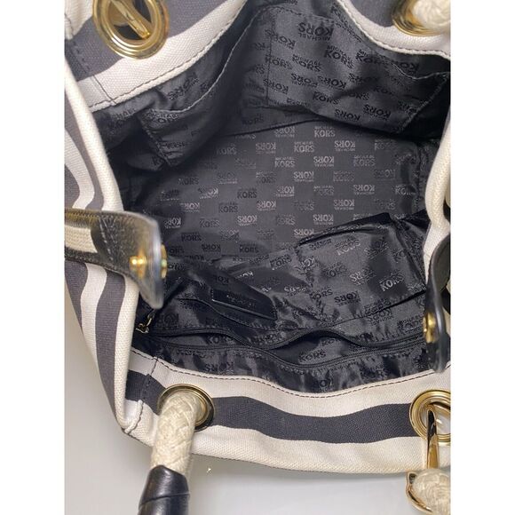 Michael Kors Marina Black White Striped Canvas Anchor Tote Shoulder Bag - Picture 8 of 16